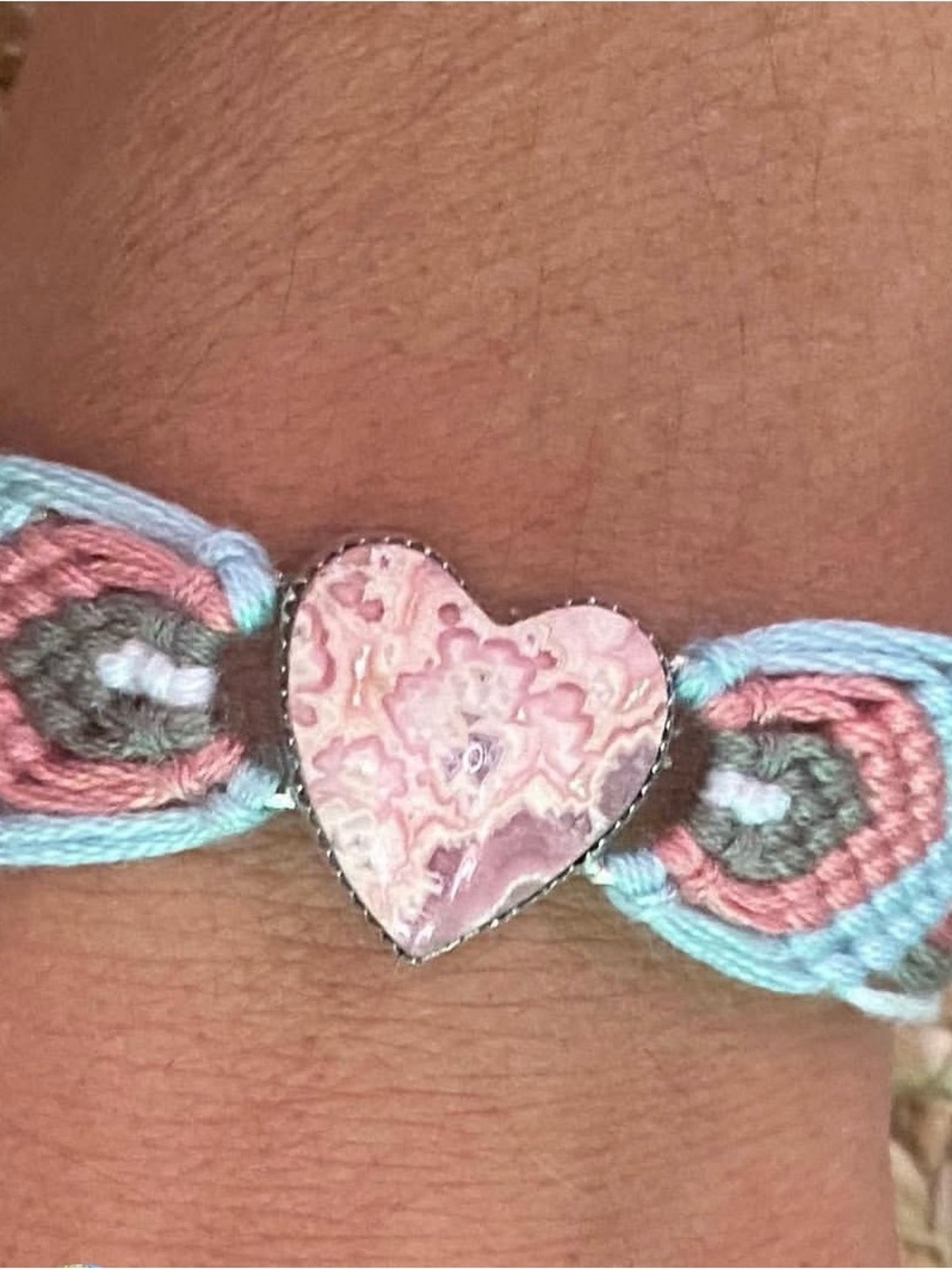Rhodochrosite Heart Stone & Macramé Bracelet - Pink
